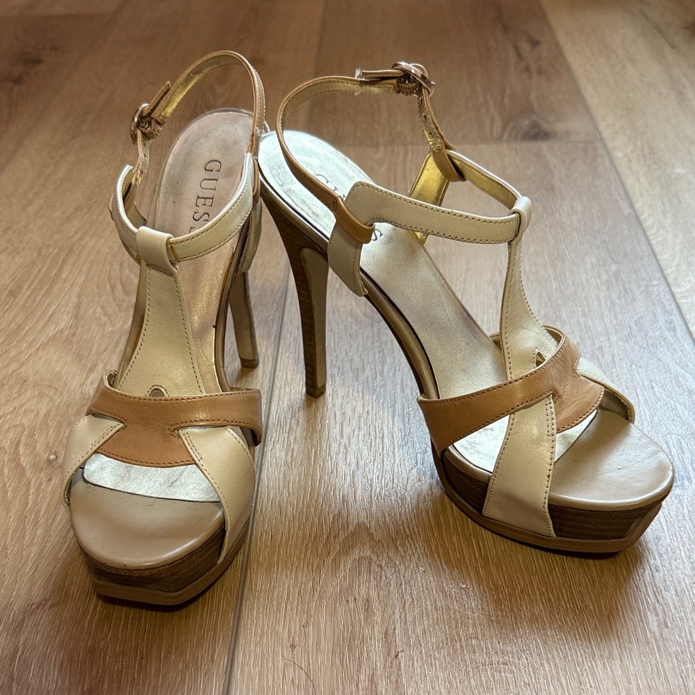 GUESS Women's Cream and Tan Strappy Heels